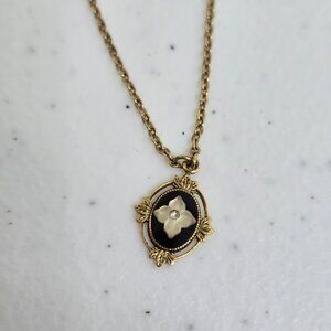 1928 Necklace Filigree Black Gold Tone Chain Vintage Look  White Flower Retro